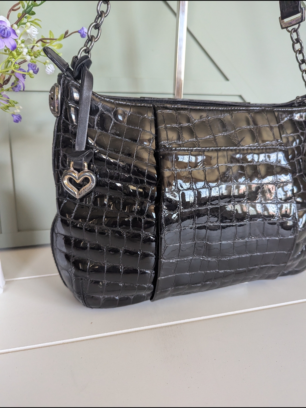 Brighton Black Croc-Embossed Shoulder Bag with Heart Charm - Picture 2 of 12